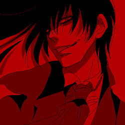  1boy alucard_(hellsing) ascot commentary_request grin hellsing jacket looking_at_viewer lowres male_focus oekaki portrait red_theme smile solo toshimichi_yukari 