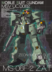  absurdres cable character_name commentary_request glowing glowing_eye grid_background gun gundam highres ke_yukikaze machine_gun mecha mecha_focus mobile_suit mobile_suit_gundam no_humans one-eyed original radio_antenna red_eyes redesign robot science_fiction shield shoulder_spikes spikes stats weapon zaku_ii zaku_ii_f2 zeon 