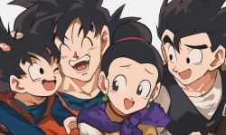  1girl 3boys :d ;d black_eyes black_hair black_vest chi-chi_(dragon_ball) closed_eyes dougi dragon_ball dragon_ball_z earrings eyelashes family hair_between_eyes hair_bun highres jewelry long_sleeves looking_at_another multiple_boys natume12izr one_eye_closed open_mouth shirt single_hair_bun smile son_gohan son_goku son_goten spiky_hair teeth tongue vest white_background white_shirt 