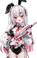  1girl :d alternate_costume animal_ears assault_rifle blush braid commentary_request fang fishnets gloves gold_trim gun highres holding holding_gun holding_weapon hololive horns long_hair looking_at_viewer multicolored_hair nakiri_ayame nakiri_ayame_(9th_costume) necktie ohagetty oni playboy_bunny rabbit_ears red_eyes red_hair red_necktie rifle sleeve_cuffs smile solo streaked_hair virtual_youtuber weapon white_background white_gloves white_hair 