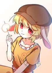  1girl animal_ears blonde_hair brown_hat closed_mouth collarbone commentary_request dango flat_cap floppy_ears food gradient_background hat highres holding holding_skewer illust_atelier3 looking_at_viewer midriff one-hour_drawing_challenge orange_background orange_shirt rabbit_ears rabbit_girl ringo_(touhou) shirt short_hair short_sleeves skewer smile solo touhou wagashi 