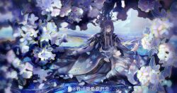  1boy 1girl absurdres animal_ears baishuo_(shining_nikki) black_capelet black_hanfu blue_shirt capelet chinese_clothes chinese_commentary chinese_hairpin closed_mouth commentary_request day expressionless extra_ears facial_mark falling_petals feather-trimmed_capelet flower forehead_mark full_body grey_hair hair_ornament hairpin half_updo hand_on_lap hand_on_own_stomach hanfu happy high_collar highres kneeling lap_pillow layered_sleeves light_particles long_hair long_sidelocks long_sleeves looking_at_another multiple_hairpins nikki_(series) ocean outdoors peacock_feathers petals pointy_nose puffy_long_sleeves puffy_sleeves purple_hanfu qingyue_(shining_nikki) rabbit_boy rabbit_ears shining_nikki shirt sidelocks straight_hair topknot tree under_tree watermark weibo_watermark white_flower white_hair wide_sleeves xuexi_yundong_he_kuaile_shi_meiri_keti yellow_eyes yunjian 