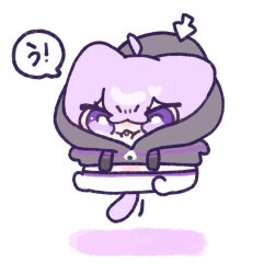  1girl ahoge angry animal_ears black_hoodie bright_pupils cat_ears cat_girl cat_tail chibi chibi_only closed_mouth commentary_request crossed_bangs cursor double-parted_bangs full_body hair_between_eyes hololive hood hood_up hoodie lifted_by_cursor nekomata_okayu purple_hair short_hair simple_background solo tail v-shaped_eyebrows violet_eyes virtual_youtuber white_background white_pupils yananang 