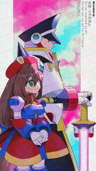  1boy 1girl blue_dress breasts brother_and_sister brown_hair colonel_(mega_man) cowboy_shot dress energy_sword from_side green_eyes hat highres holding holding_sword holding_weapon iris_(mega_man) mega_man_(series) mega_man_x4 mega_man_x_(series) profile red_dress red_hat siblings sword watermark weapon yamanashi_taiki 