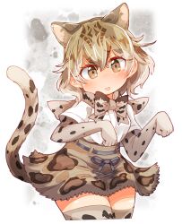  1girl animal_ears blush bow bowtie brown_bow brown_bowtie brown_eyes brown_gloves brown_hair brown_skirt brown_thighhighs cat_ears cat_girl cat_tail commentary_request cropped_legs crossed_bangs double-parted_bangs elbow_gloves extra_ears gloves hair_between_eyes hands_up highres ini_(inunabe00) kemono_friends looking_at_viewer marbled_cat_(kemono_friends) miniskirt open_mouth paw_pose shirt short_hair short_sleeves skirt smile solo tail thigh-highs white_shirt zettai_ryouiki 