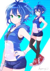  1girl black_thighhighs blue_hair blue_hoodie blue_shorts closed_mouth commentary_request commission fingerless_gloves genderswap genderswap_(mtf) gloves green_eyes hand_on_own_hip heel_up hood hood_down hoodie kyanos_(b_0000ff) looking_at_viewer messy_hair partial_commentary personification pixiv_commission pointy_ears red_shoes shoes short_hair short_shorts shorts sleeveless sleeveless_hoodie smile sneakers solo sonic_(series) sonic_the_hedgehog standing thigh-highs white_gloves zoom_layer 