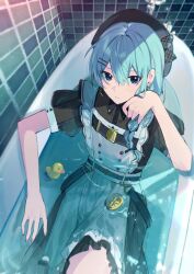  1girl absurdres apron black_dress black_hat blue_eyes blue_hair braid commentary dress hair_ornament hairclip hat highres hololive hoshimachi_suisei in_bathtub koeru_(kiyomiya_shizuka) long_hair looking_at_viewer parallel_hairclips partially_submerged puffy_short_sleeves puffy_sleeves rubber_duck see-through_clothes see-through_sleeves short_sleeves solo tile_wall tiles virtual_youtuber water white_apron 