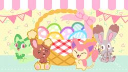  banner basket buneary bunnelby cat easter easter_egg egg english_commentary fangs highres no_humans pokemon pokemon_(creature) pokemon_focus polka_dot polka_dot_background rabbit ribbon ririko_(nagareboshi) sitting skitty sprigatito standing 