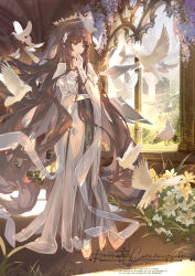  1girl absurdly_long_hair absurdres arch architecture arknights artist_name bird black_hair black_halo breasts broken_halo brown_eyes brown_hair building church closed_mouth commentary_request dark_halo day detached_wings dove dress energy_wings floating_hair flower full_body gloves hair_flowing_over hair_ornament halo hand_on_own_chin hand_up highres indoors juliet_sleeves layered_sleeves light_smile long_dress long_hair long_sleeves looking_afar looking_ahead looking_at_animal looking_to_the_side mole mole_under_eye outdoors plant puffy_sleeves purple_flower sao7 shadow short_over_long_sleeves short_sleeves sidelocks smile solo stained_glass standing sunlight very_long_hair virtuosa_(arknights) white_bird white_dress white_flower white_gloves wide_sleeves window wings yellow_flower yellow_pupils 