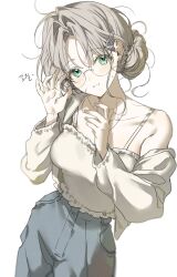  1girl adjusting_eyewear aqua_eyes blush breasts camisole censored commentary cowboy_shot curtained_hair denim film_grain frilled_camisole frills glasses gok_(gok_99) grey_camisole grey_hair grey_jacket grey_pants hair_bun hair_ornament hairclip hands_up highres jacket jeans korean_commentary long_sleeves looking_at_viewer mosaic_censoring open_clothes open_jacket original pants parted_lips simple_background single_hair_bun single_off_shoulder small_sweatdrop solo sound_effects spaghetti_strap standing white_background 