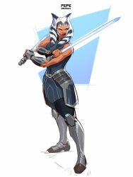  1girl ahsoka_tano artist_name blue_eyes blue_lightsaber colored_skin commentary dual_wielding energy_sword english_commentary facial_mark full_body grey_armor highres holding holding_weapon lekku_(anatomy) lightsaber looking_to_the_side orange_skin pepedraws red_lips shirt simple_background sleeveless sleeveless_shirt solo star_wars sword togruta toned toned_female weapon 