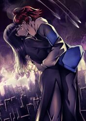  1boy 1girl absurdres ahoge black_dress black_pants blue_hoodie burning burning_building chiaroscuro4eva city cityscape closed_eyes crying crying_with_eyes_open dress fiery_background fire glasses grey_hoodie hand_on_another's_cheek hand_on_another's_face hetero highres hood hoodie hug kiss long_hair meteor_shower pants pantyhose purple_fire purple_hair purple_theme red_hair short_hair side_slit smoke streaming_tears tears the_hundred_line_-last_defense_academy- two-tone_hoodie 