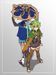  1boy 1girl absurdres ahoge arm_at_side armor asymmetrical_legwear asymmetrical_sidelocks back-to-back black_boots black_bridal_gauntlets black_dress black_sandals black_shorts black_sleeves blue_cape blue_hat blue_jingasa boots bridal_gauntlets brown_scarf brown_socks brown_thighhighs cape capelet clenched_hand collei_(genshin_impact) commentary_request crossed_bangs dress facing_away fringe_trim full_body furisode genshin_impact gold gold_trim green_capelet green_hair grey_background hair_between_eyes hand_on_own_chest hand_up hat highres imtmcomics japanese_armor japanese_clothes jingasa kimono kote kurokote leg_warmers long_sleeves looking_at_viewer mismatched_legwear open-toe_boots over-kneehighs pink_eyes sandals scaramouche_(genshin_impact) scarf short_dress short_hair shorts side_cape sidelocks single_over-kneehigh single_thighhigh socks standing stirrup_legwear tareme thigh-highs toeless_legwear wanderer_(genshin_impact) white_kimono white_leg_warmers zouri 