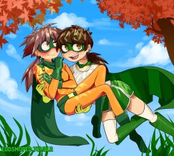  2girls :d animification antenna_hair artist_name autumn_leaves averting_eyes belt blush bodysuit boots breasts brown_eyes brown_hair cape carrying clouds color_connection commentary cosplay crash_zoom creator_connection crossover dappled_sunlight dew-creek domino_mask edd_(eddsworld) edd_(eddsworld)_(cosplay) eddsworld ell_(eddsworld) english_commentary eye_mask fan_request flustered flying genderswap genderswap_(mtf) genderswap_on_non-genderswap gloves grass green_belt green_boots green_cape green_eyes green_gloves green_mask green_shorts hair_color_connection hairstyle_connection leaf long_hair low_ponytail lucy_rose mask medium_breasts multiple_girls nervous official_alternate_costume open_mouth orange_bodysuit outdoors ponytail princess_carry self_cosplay shirt shorts sky small_breasts smile spiky_hair sunlight superhero_costume thigh-highs trait_connection tree tumblr_username white_shirt white_thighhighs yellow_eyes yellow_gloves yuri 