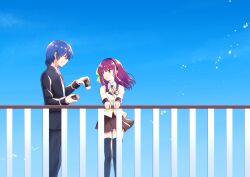  1boy 1girl angel_beats! angel_beats!_track_zero black_skirt black_thighhighs blazer blue_hair blue_sky bow breasts brown_jacket can canned_coffee commentary_request day drink_can feet_out_of_frame floating_hair gakuran gradient_sky green_eyes hair_bow hairband highres hinata_hideki hinata_hideki_(school_uniform) jacket key_coffee_(meme) looking_at_another medium_breasts medium_hair meme nakamura_hinato nakamura_yuri nakamura_yuri_(school_uniform) official_alternate_costume outdoors purple_hair railing school_uniform short_hair skirt sky thigh-highs zettai_ryouiki 
