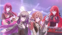  absurdres baeksansan columbina_(genshin_impact) commentary_request concert guitar hair_ornament highres himeko_(honkai:_star_rail) honkai:_star_rail honkai_(series) instrument kafka_(honkai:_star_rail) keyboard_(instrument) multiple_girls original piano playing_guitar playing_instrument playing_piano sandrone_(genshin_impact) stage_lights wing_hair_ornament yuri 