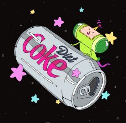  1boy black_background can closed_eyes coca-cola commentary drink_can english_commentary guppiesz katamari_damacy male_focus mini_person miniboy open_mouth radio_antenna rolling simple_background soda_can solo star_(symbol) the_prince_(katamari_damacy) 