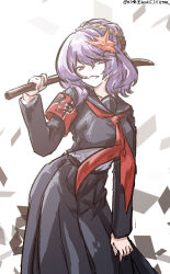  1girl absurdres alternate_costume armband artist_name black_sailor_collar black_serafuku bokken breasts commentary_request contemporary dated hair_ornament highres holding holding_sword holding_weapon leaf leaf_hair_ornament long_sleeves maple_leaf medium_breasts medium_hair one-hour_drawing_challenge purple_hair red_armband red_eyes sailor_collar school_uniform serafuku solo sword touhou translation_request ve1024 weapon wooden_sword yasaka_kanako 