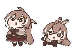  ahoge bloodymoonia bow brown_bow brown_hair chibi feather_hair_ornament feathers full_body gloves hair_ornament hololive hololive_english long_hair multicolored_hair nanashi_mumei nanashi_mumei_(1st_costume) ponytail skirt streaked_hair virtual_youtuber white_streaks 