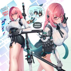 1boy 3girls animal_ears asaba_harumasa blush button_gap earrings eyebrows_visible_through_hair from_above from_below glasses gloves hair_between_eyes hair_intakes headset holding holding_weapon hoshimi_miyabi leaning_forward long_hair long_sleeves looking_at_viewer multiple_girls multiple_views pink_eyes pink_hair short_hair short_shorts shorts soukaku_(zenless_zone_zero) speech_bubble tassel tsukishiro_yanagi zenless_zone_zero