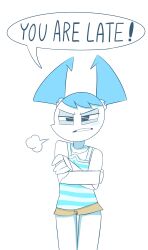  1girl angry blue_hair blue_tank_top brown_shorts colored_skin cowboy_shot dishwasher9 english_text half-closed_eyes humanoid_robot jenny_wakeman joints looking_at_viewer mechanical_hair metal_skin my_life_as_a_teenage_robot robot robot_joints shorts simple_background solo speech_bubble standing striped_tank_top tank_top twintails v-shaped_eyebrows white_background white_skin 