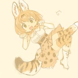  1girl animal_ears animal_print archived_source belt belt_skirt black_eyes blush blush_stickers boots bow bowtie cat_ears cat_girl elbow_gloves from_above gloves kemono_friends kyuuri_(miyako) looking_at_viewer lying oekaki on_back orange_hair orange_skirt paw_pose serval_(kemono_friends) short_hair skirt smile solo tail white_boots white_gloves yellow_background zettai_ryouiki 