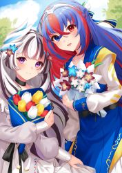  2girls black_collar black_hair blue_dress blue_hair blush bouquet breasts closed_mouth collar commentary_request crossed_bangs dress ell_0314 feather_hair_ornament feathers female_alear_(fire_emblem) female_alear_(sister_dragons)_(fire_emblem) fire_emblem fire_emblem_engage fire_emblem_heroes grey_hair hair_between_eyes hair_ornament half-siblings highres holding holding_bouquet long_hair long_sleeves multicolored_hair multiple_girls official_alternate_costume parted_lips red_hair siblings sisters smile split-color_hair tiara two-tone_hair very_long_hair veyle_(fire_emblem) veyle_(sister_dragons)_(fire_emblem) white_dress wing_hair_ornament 