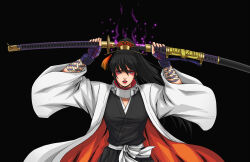  black_background black_hair black_kimono bleach breasts cowboy_shot facial_mark geoffrey_daigon high_ponytail highres holding holding_sword holding_weapon japanese_clothes katana kimono kunimitsu_ii long_hair mole mole_under_mouth ponytail red_lips robe simple_background sword tekken weapon white_robe 