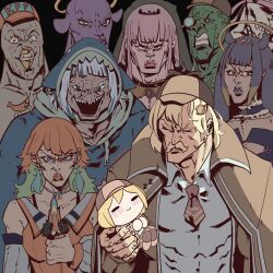  5girls animal_hood black_background blonde_hair blue_eyes blue_hoodie blue_streaks brown_hat brown_jacket buruhas chibi closed_eyes closed_mouth comic_panel_redraw commentary dagger deadbeat_(mori_calliope) derivative_work english_commentary facial_hair gawr_gura hair_ornament hat highres holding holding_dagger holding_knife holding_mini_person holding_weapon hololive hololive_english holomyth hood hood_up hoodie investigator_(watson_amelia) invincible_(series) jacket kfp_employee_(takanashi_kiara) knife long_hair looking_at_viewer meme mini_person minigirl mori_calliope multicolored_hair multiple_girls muscular muscular_female mustache necktie ninomae_ina'nis open_clothes open_jacket open_mouth orange_hair pink_eyes pink_hair purple_hair red_necktie serious shark_hood sharp_teeth shirt short_necktie simple_background smile smol_ame streaked_hair takanashi_kiara takodachi_(ninomae_ina'nis) teeth v-shaped_eyebrows viltrumite_group_shot_(meme) violet_eyes virtual_youtuber watson_amelia weapon white_hair white_shirt zzz 