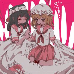  2girls absurdres alternate_costume alternate_hair_length_(longer) ambiguous_red_liquid black_hair black_hat blanket blonde_hair bow breast_pocket closed_eyes closed_mouth commentary_request hair_bow hat hat_bow heart highres long_hair makihako_bunko maribel_hearn mob_cap multiple_girls neckerchief open_mouth parody parody_request pink_sailor_collar pink_skirt pocket red_bow red_neckerchief sailor_collar sailor_shirt shirt skirt smile touhou translation_request usami_renko white_bow white_hat yellow_eyes 
