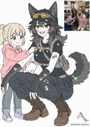  animal_ears backpack bag blackd09 blush boots child classroom dog_ears dog_girl dog_tail eyewear_on_head fangs fingerless_gloves gloves harness highres hood hoodie humanization multicolored_hair original pants personification photo_inset ponytail shirt smile sticker sunglasses sweat tail two-tone_hair white_background 