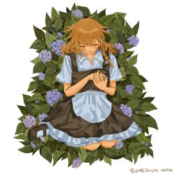  1girl absurdres apron black_shoes black_skirt black_vest blonde_hair bow braid closed_eyes closed_mouth collared_shirt dated facing_viewer flower frilled_skirt frills gaiyonghunichengyinshexianweiguiwufaxianshi hair_bow highres hydrangea kirisame_marisa leaf long_hair lying mary_janes missing_headwear on_back own_hands_together purple_flower shirt shoes short_sleeves side_braid single_braid skirt socks solo touhou vest waist_apron white_apron white_bow white_shirt white_socks 