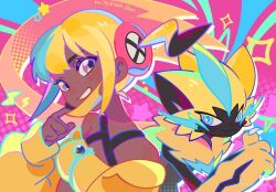  1girl black_fur blue_fur canari_(pokemon) claws colorful criss-cross_straps dark-skinned_female dark_skin furry jacket mask mega_stone mouth_mask multicolored_fur non-web_source pants pokemon pokemon_(creature) pokemon_legends:_z-a split-color_clothes sports_bra two-tone_fur two-tone_mask two-tone_pants whiskers yellow_fur yellow_jacket yellow_mask yellow_sports_bra yuxiao_owl zeraora 