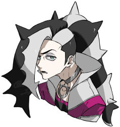  1boy adam's_apple bags_under_eyes black_hair blue_eyes choker commentary_request cropped_torso furrowed_brow looking_at_viewer male_focus multicolored_hair parted_lips piers_(pokemon) pokemon pokemon_sword_and_shield ponytail solo two-tone_hair vodka_(kahlua_and_gin) 