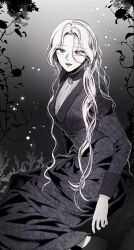  1girl black_dress commentary_request dress grey_lips highres isabella_(witch's_island) korean_commentary leaf long_hair official_art open_mouth partially_colored plant ppotatornado red_eyes sitting small_sweatdrop solo wavy_hair witch's_island 