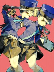  2girls 4me3ba_niku armband baton_(weapon) black_armband black_gloves black_necktie black_shorts blonde_hair blue_hat blue_shirt braid caroline_(persona_5) clipboard closed_mouth commentary_request double_bun dutch_angle eyepatch feet_out_of_frame gloves grin hair_bun hat highres holding holding_baton_(weapon) holding_clipboard holding_weapon justine_(persona_5) kepi long_sleeves looking_at_viewer military_hat multiple_girls necktie one_eye_covered persona persona_5 pink_background shirt shorts siblings simple_background sisters smile twins weapon wing_collar yellow_eyes 