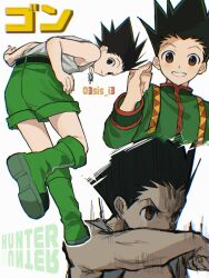  03sis_i3 1boy boots commentary gon_freecss green_boots green_jacket green_shorts highres hunter_x_hunter jacket layered_sleeves male_focus shorts solo spiky_hair untranslatable_commentary 