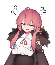  1girl ? ?? absurdres ahoge aru_(blue_archive) black_skirt blue_archive blush brown_coat coat coat_on_shoulders commentary_request cowboy_shot crossed_arms double-parted_bangs fur-trimmed_coat fur_trim hh highres long_hair long_sleeves looking_at_viewer low_horns missing_halo open_mouth pink_hair shirt simple_background skirt smile solo sweat white_background white_shirt yellow_eyes 