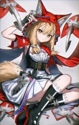  1girl absurdres animal_ear_fluff animal_ears arknights arknights:_endfield black_boots black_gloves blonde_hair boots brown_eyes cape closed_mouth commentary coqc dress ears_through_headwear fingerless_gloves gloves hand_up highres hood hood_up hooded_cape jewelry long_hair looking_at_viewer low-tied_sidelocks necklace red_cape rossi_(arknights) sidelocks simple_background sitting solo tail tooth_necklace white_background white_dress wolf_ears wolf_girl wolf_tail 