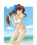  blush brown_hair cleavage hair_ribbon highres hiro_1209 nanpo_kazue ocean popsicle ribbon saki solo swimsuit swimsuit 