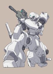  aiming assault_rifle brown_background bullpup commentary_request energy_sword forehead_jewel gun gundam highres hizumi_ms holding holding_gun holding_weapon kampfer_(mobile_suit) kneeling mecha mecha_focus no_humans on_one_knee rifle robot science_fiction simple_background sword weapon 