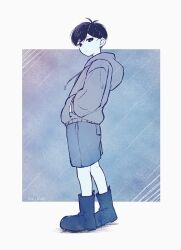  1boy alternate_costume antenna_hair black_boots boots bright_pupils closed_mouth commentary english_text grey_hoodie grey_shorts hands_in_pockets highres hood hood_down hoodie limited_palette looking_at_viewer male_focus nikusakana0 omori short_hair shorts solo sunny_(omori) white_pupils 