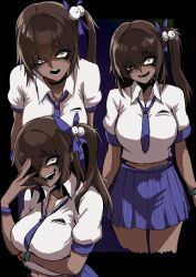  1girl bags_under_eyes black_eyeliner black_eyeshadow breasts commentary_request constricted_pupils crazy_eyes crazy_smile dark-skinned_female dark_skin eyeliner eyeshadow gesugao goddess_of_victory:_nikke gyaru hair_over_one_eye highres kogal large_breasts loose_necktie makeup naga_(nikke) nagai_negi necktie purple_scrunchie scrunchie smile solo wrist_scrunchie 