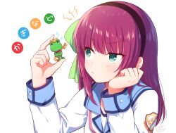 1girl :/ angel_beats! black_hairband blue_sailor_collar blunt_bangs blush bow clenched_hand closed_mouth commentary_request company_connection copyright_name emblem eyes_visible_through_hair flying_sweatdrops frog frown green_bow green_eyes hair_bow hairband hands_up kaginado kanon keropii key key_(company) long_hair looking_at_object nakamura_hinato nakamura_yuri purple_hair sailor_collar sailor_shirt school_uniform serafuku shinda_sekai_sensen_uniform shirt signature simple_background solo straight_hair tsurime upper_body upturned_eyes v-shaped_eyebrows white_background white_shirt 
