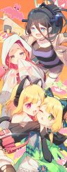  4girls :d ;3 ;d ;o \o/ absurdres alternate_costume animal_ear_fluff animal_ear_headphones animal_ears aris_(blue_archive) arms_up bandaged_arm bandaged_leg bandages bare_shoulders bat_hair_ornament bat_ornament bat_wings belt belt_buckle bilingual_commentary black_bridal_gauntlets black_dress black_hair black_shirt blonde_hair blue_archive blue_bow blue_bowtie blue_eyes blue_hairband blue_halo blue_ribbon blush bow bowtie bridal_gauntlets bright_pupils brown_thighhighs buckle capelet cat_ear_headphones cat_ears cat_tail cheek-to-cheek cloak closed_mouth collar commentary_request cosplay covered_mouth covering_own_mouth cowboy_shot cutoffs dot_nose double-parted_bangs dress english_commentary fake_animal_ears forehead frankenstein's_monster_costume frilled_dress frills game_development_department_(blue_archive) gem gem_hair_ornament ghost_costume glint glomp grabbing_another's_arm green_capelet green_dress green_halo green_pupils green_shorts grey_eyes hair_between_eyes hair_ornament hair_ribbon hairband halloween halloween_costume halo hand_on_another's_arm hand_over_own_mouth hands_up headphones heads_together high_ponytail highres hood hood_up hooded_cloak hug incredibly_absurdres jacket korean_commentary leaning_forward light_blush long_hair long_hair_between_eyes long_sleeves looking_at_viewer looking_to_the_side loosely_tucked_bangs low-tied_sidelocks mechanical_tail medium_hair midori_(blue_archive) mixed-language_commentary momoi_(blue_archive) multi-source_commentary multiple_girls object_through_head off-shoulder_dress off_shoulder one_eye_closed open_clothes open_jacket open_mouth orange_background orange_gem outstretched_arms pink_belt pink_collar pink_eyes pink_halo pink_pupils pixelated ponytail purple_shirt raised_inner_eyebrows rectangular_halo red_background red_hair ribbon ringed_eyes sash screw_in_head shirt short_bangs short_dress short_shorts shorts siblings sidelocks simple_background sisters sleeves_past_fingers sleeves_past_wrists smile spiked_collar spikes stitched_clothes stitched_forehead stitched_leg stitched_neck stitches striped_clothes striped_shirt swept_bangs tail thigh-highs torn_clothes torn_dress torn_thighhighs turning_head twins upper_body v-shaped_eyebrows very_long_hair waist_sash wavy_mouth white_cloak white_dress white_pupils wide_belt winged_hairband wings yellow_background yellow_eyes yellow_halo yellow_jacket yuzu_(blue_archive) zonunoll 