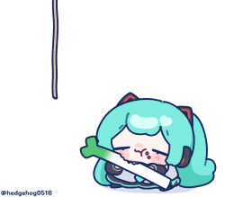  1girl :3 :t aqua_hair blush_stickers chibi chibi_only closed_eyes closed_mouth commentary_request eating food food_on_face full_body hatsune_miku highres holding holding_food long_hair rope simple_background sitting solo spring_onion twintails twitter_username vocaloid white_background yananang 