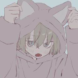  1boy animal_ear_hood animal_ears blonde_hair blush cat_ears child commentary_request fake_animal_ears fang grey_background grey_eyes grey_hoodie highres hood hoodie long_sleeves male_focus original short_hair simple_background skin_fang sup_(wwwsupwww) teeth tongue 