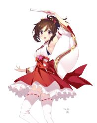  brown_hair commentary_request detached_sleeves domyoji_karin flower_ornament frilled_skirt frills hand_fan holding holding_fan idolmaster idolmaster_cinderella_girls japanese_clothes nontraditional_miko red_eyes ribbon-trimmed_sleeves ribbon-trimmed_thighhighs ribbon_trim sasaki_mutsumi short_hair skirt smile thigh-highs white_thighhighs wide_sleeves 