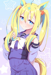  1girl ahoge alternate_hairstyle animal_ears aqua_hair blonde_hair blue_background blue_eyes blue_skirt blush bright_pupils closed_mouth commentary_request gradient_background highres hiro_(pqtks113) horse_ears horse_girl horse_tail long_hair looking_at_another multicolored_hair neo_universe_(umamusume) pleated_skirt purple_background school_uniform skirt smile solo star_(symbol) star_symbol_background tail tracen_school_uniform twintails two-tone_hair umamusume white_pupils 