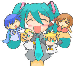  2boys 3girls aqua_eyes aqua_hair aqua_necktie blue_hair brown_eyes brown_hair character_puppet closed_eyes commentary_request hand_puppet hatsune_miku kagamine_len kagamine_rin kaito_(vocaloid) meiko_(vocaloid) multiple_boys multiple_girls n-tai necktie puppet scarf simple_background smile twintails vocaloid white_background 